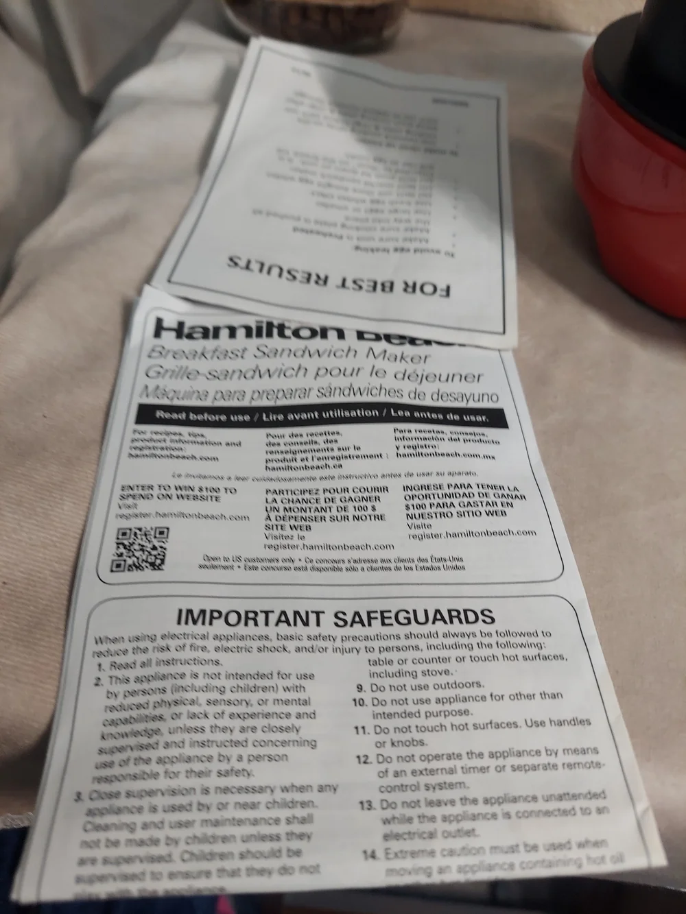 Hamilton Beach Red Breakfast Sandwich Maker New Without Box - Manual Included